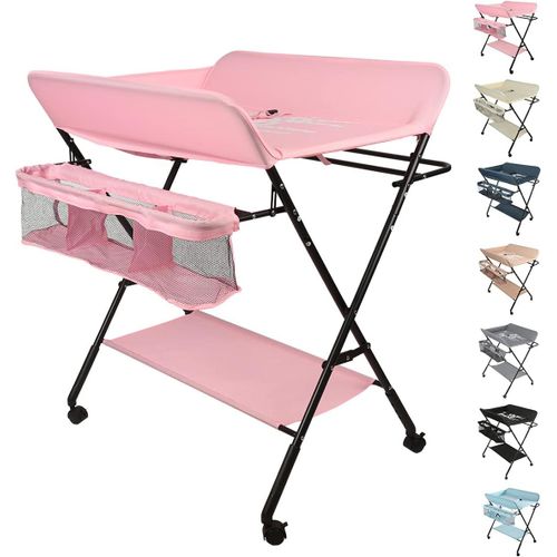Table À Langer Pliante, Table À Langer Avec Panier De Rangement, Ceinture De Sécurité Et 4 Roues Pour Nouveaux-Nés Design Ergonomique Avec Aoulettes Et Panier De Rangement (80 * 66 * 98 Cm Rose)