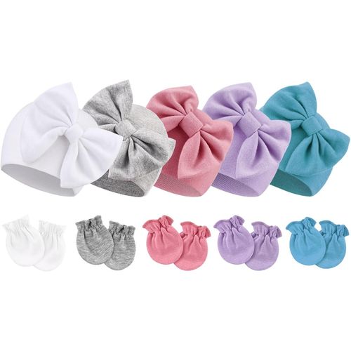 Bonnets De Naissance Et Moufles De Protection Coton - 5 Pcs Bonnets Coordonnés Et 5 Paires Mitaines Scratch De Protection Child Bébé Fille Garçon