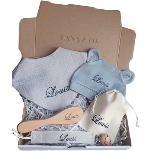 Coffret Naissance Bébé Mixte Personnalisable - Kit Nouveau-Né Avec Pochette Cordon Coton 10x15cm, Attache Tétine, Bavoir, Bonnet Et En Poils Naturels - Cadeau Pour Fille Ou Garçon (Vert D'eau)