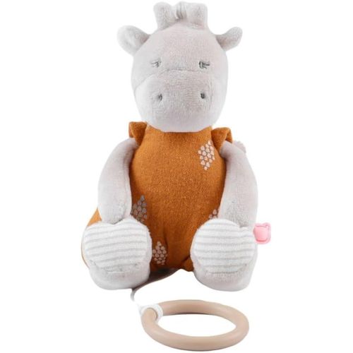 - Mini Peluche Musicale Tiga - Doudou Girafe En Veloudoux + Anneau En Bois - Éveil Musical - Cadeau Bébé