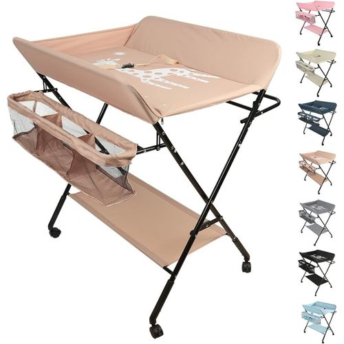 Table À Langer Pliante, Table À Langer Avec Panier De Rangement, Ceinture De Sécurité Et 4 Roues Pour Nouveaux-Nés Design Ergonomique Avec Aoulettes Et Panier De Rangement (80*66*98 Cm Rose Clair)