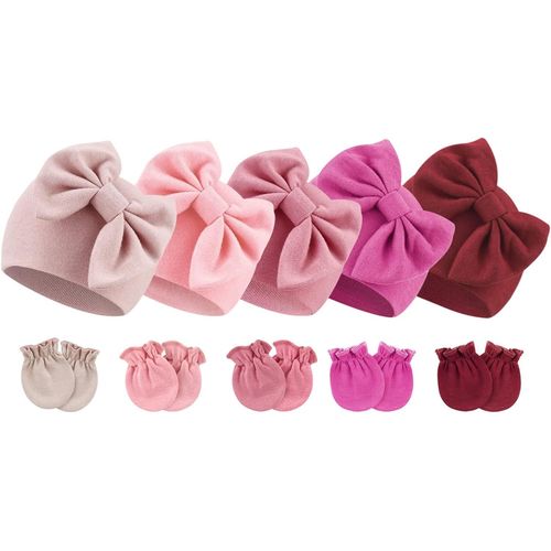 Bonnets De Naissance Et Moufles De Protection Coton - 5 Pcs Bonnets Coordonnés Et 5 Paires Mitaines Scratch De Protection Child Bébé Fille Garçon