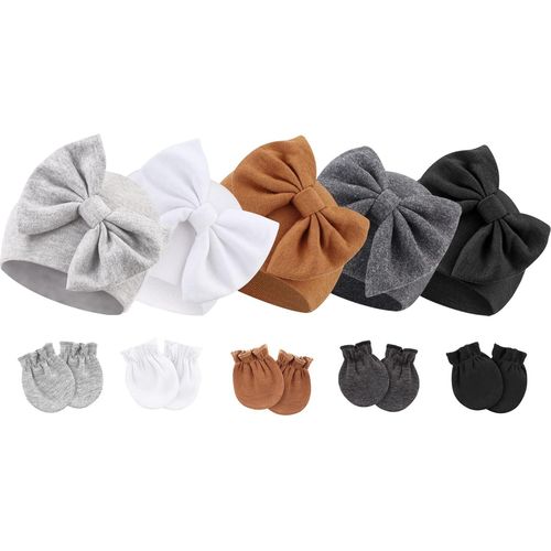 Bonnets De Naissance Et Moufles De Protection Coton - 5 Pcs Bonnets Coordonnés Et 5 Paires Mitaines Scratch De Protection Child Bébé Fille Garçon
