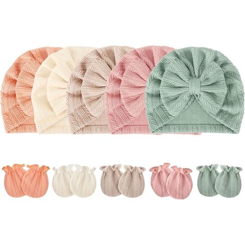 Bonnets De Naissance Et Moufles De Protection Coton - 5 Pcs Bonnets Coordonnés Et 5 Paires Mitaines Scratch De Protection Child Bébé Fille Garçon