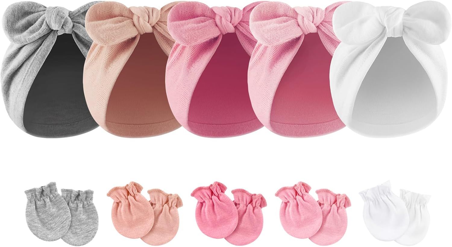 Bonnets De Naissance Et Moufles De Protection Coton - 5 Pcs Bonnets Coordonnés Et 5 Paires Mitaines Scratch De Protection Child Bébé Fille Garçon