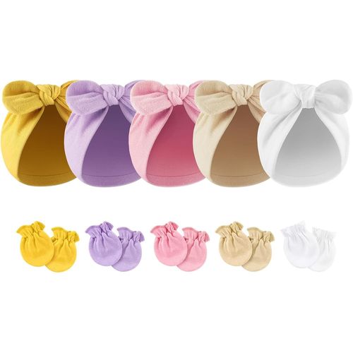 Bonnets De Naissance Et Moufles De Protection Coton - 5 Pcs Bonnets Coordonnés Et 5 Paires Mitaines Scratch De Protection Child Bébé Fille Garçon