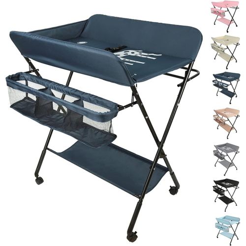 Table À Langer Pliante, Table À Langer Avec Panier De Rangement, Ceinture De Sécurité Et 4 Roues Pour Nouveaux-Nés Design Ergonomique Avec Aoulettes Et Panier De Rangement (80*66*98 Cm Bleu Foncé)