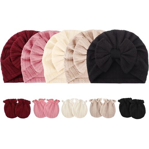 Bonnets De Naissance Et Moufles De Protection Coton - 5 Pcs Bonnets Coordonnés Et 5 Paires Mitaines Scratch De Protection Child Bébé Fille Garçon