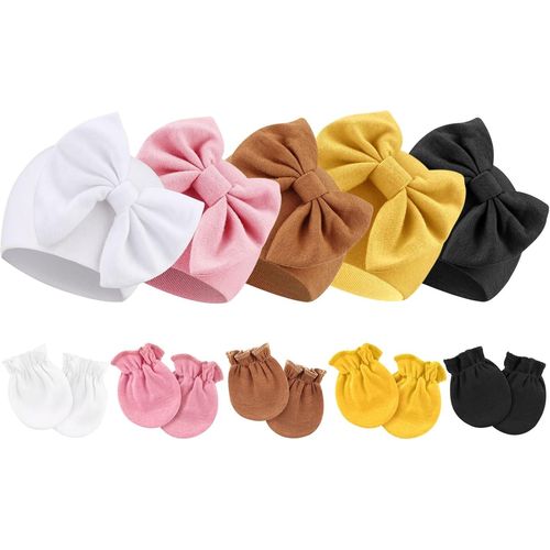 Bonnets De Naissance Et Moufles De Protection Coton - 5 Pcs Bonnets Coordonnés Et 5 Paires Mitaines Scratch De Protection Child Bébé Fille Garçon