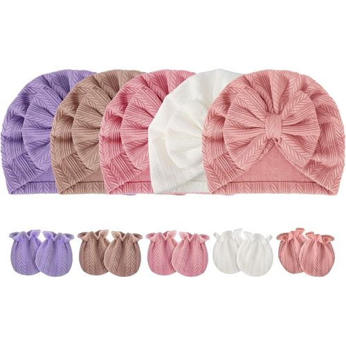 Bonnets De Naissance Et Moufles De Protection Coton - 5 Pcs Bonnets Coordonnés Et 5 Paires Mitaines Scratch De Protection Child Bébé Fille Garçon