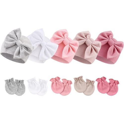Bonnets De Naissance Et Moufles De Protection Coton - 5 Pcs Bonnets Coordonnés Et 5 Paires Mitaines Scratch De Protection Child Bébé Fille Garçon