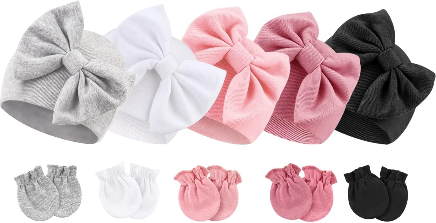 Bonnets De Naissance Et Moufles De Protection Coton - 5 Pcs Bonnets Coordonnés Et 5 Paires Mitaines Scratch De Protection Child Bébé Fille Garçon