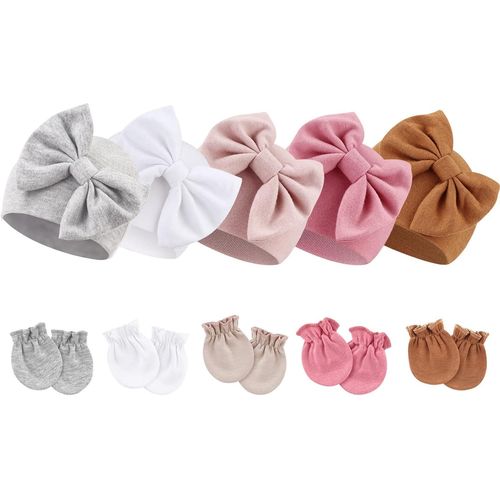 Bonnets De Naissance Et Moufles De Protection Coton - 5 Pcs Bonnets Coordonnés Et 5 Paires Mitaines Scratch De Protection Child Bébé Fille Garçon