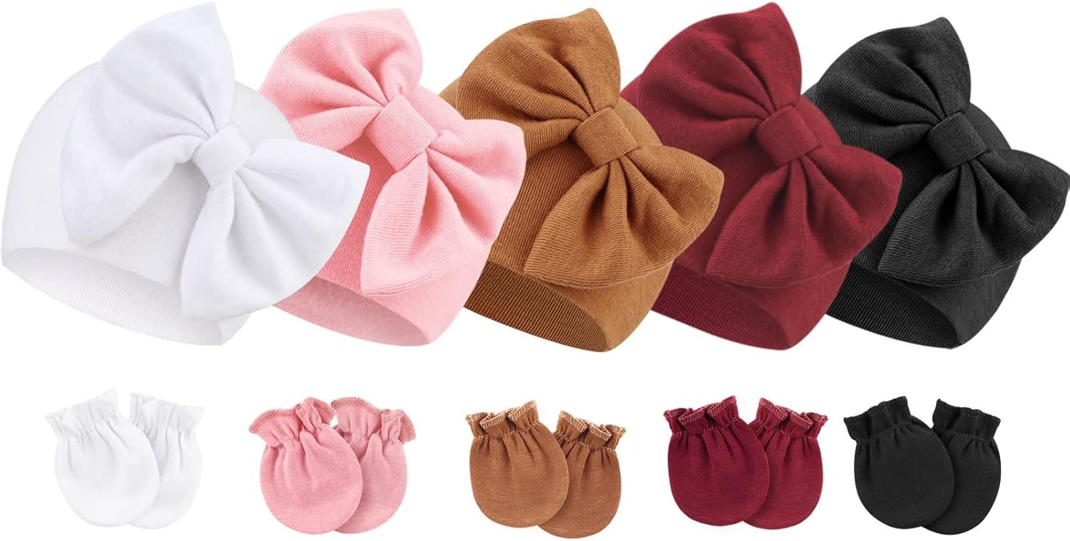 Bonnets De Naissance Et Moufles De Protection Coton - 5 Pcs Bonnets Coordonnés Et 5 Paires Mitaines Scratch De Protection Child Bébé Fille Garçon