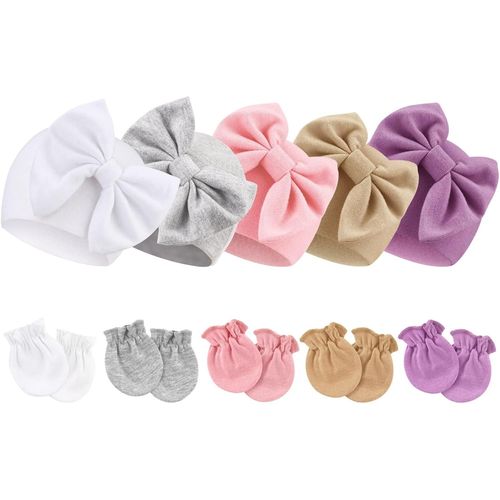 Bonnets De Naissance Et Moufles De Protection Coton - 5 Pcs Bonnets Coordonnés Et 5 Paires Mitaines Scratch De Protection Child Bébé Fille Garçon