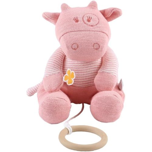 - Mini Peluche Musicale Lola - Doudou Vache En Coton Bio + Anneau En Bois - Éveil Musical - Cadeau Bébé