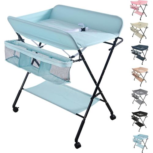 Table À Langer Pliante, Table À Langer Avec Panier De Rangement, Ceinture De Sécurité Et 4 Roues Pour Nouveaux-Nés Design Ergonomique Avec Aoulettes Et Panier De Rangement (80 * 66 * 98cm Bleu Ciel)