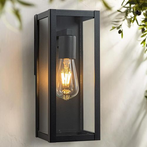 Applique Murale E27 Extérieure Lanterne, Noir Mat Luminaire Exterieur, Jardin Lampe Exterieur Avec Abat-Jour En Verre Transparent, Ip44 Etanche Porche Éclairage Mural D'extérieur Pour Terrasse