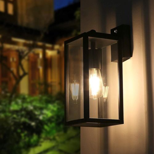 Appliqué Murale Extérieure Du Crépuscule À Aube, Lanterne Murale Extérieure Avec Capteur De Lumière Ambiante Applique Murale Antirouille Avec Abat-Jour En Verre Transparent, Aluminium, Noir Mat