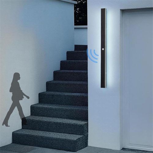 Led Applique Murale Extérieure Lampe Murale Longue Avec Detecteur De Mouvement Éclairage Mural Aluminium Noir Étanche Luminaire Mural Moderne Minimaliste Pour Villa Terrasse (Lumière Blanc,40Cm)
