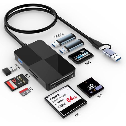 BAERTMY-Lecteur De Cartes Usb C Usb 3.0 Avec 3 Hubs Usb, Adaptateur De Cartes Mémoire Xd/Sd/Tf/Cf/Ms 8 En 2, 5 Go Pour Cartes Xd Sd Sdxc Sdhc Cfi Tf Micro Sd Micro Sdxc Micro Sdhc Ms Mmc