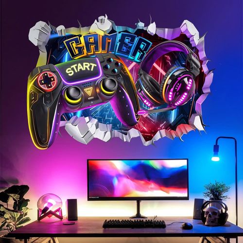 ERSHI-Stickers Muraux Enfant Gamer 3D Autocollant Mural Gaming XXL Jeux Vidéo Contrôleur Décoration Murale Salle de Jeux Chambre A[1