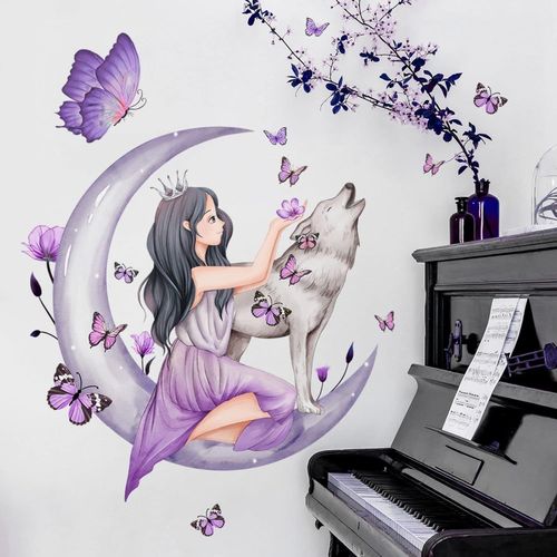 ERSHI-autocollants pour chambres de filles,Décalque mural lune loup fleur fée,Décor mural floral rose Papillons colorés Décoration[3