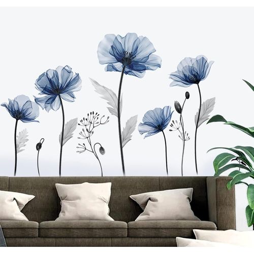 ERSHI-Stickers Muraux Fleurs Bleues Grand Autocollant Mural Fleurs Bleu Coquelicot Plante Décoration Murale Salon Chambre Salle de[9