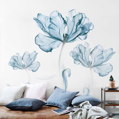 ERSHI-Stickers Muraux Fleurs Coquelicots Grand Autocollant Mural Aquarelle Floral Bleu Deco Stickers Salon Salle de Bain Chambre D[2