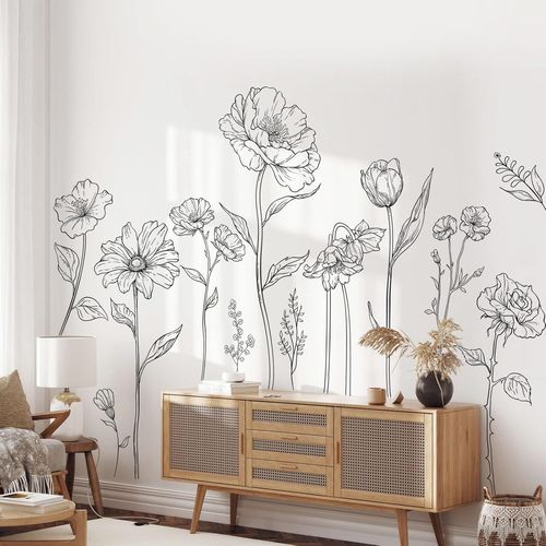 ERSHI-Stickers Muraux Style Bohème - Fleurs Ethniques & Lignes Noires Décoratives - Autocollant Mural Artisanal Amovible pour Cham[1
