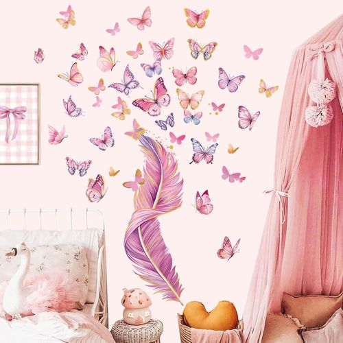 ERSHI-Stickers Muraux Plume Grand Autocollant Mural Rose Papillons Décoration Murale Bébé Fille Chambre Enfants Pépinière[791]
