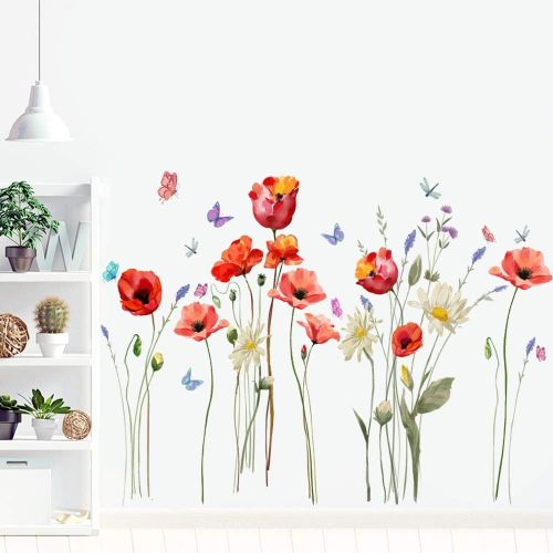 ERSHI-Stickers Muraux Fleurs Coquelicots Autocollant Mural Aquarelle Floral Rouge Deco Stickers Salon Chambre Enfants Bébé Décorat[2