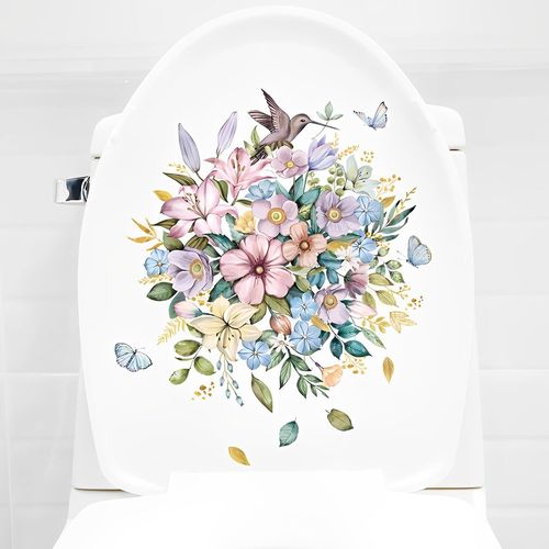 ERSHI-®- Stickers muraux toilette WC FLEURS + PAPILLONS I Autocollant toilette abattant plante porte salle de bain cuisine réfrigé[2