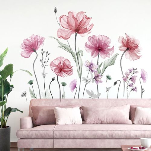 ERSHI-Stickers Muraux Fleurs Coquelicots Autocollant Mural Fleurs Rouge Grand Floral Plante Décoration Murale Salon Chambre Salle [2
