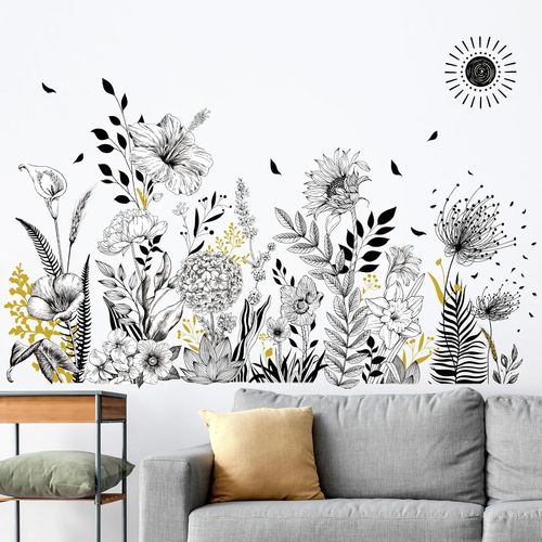ERSHI-Stickers Muraux Noir et Blanc Floral Autocollants Muraux Mural Stickers Fleur de Jardin Coquelicots Tournesol pour Chambre S[4