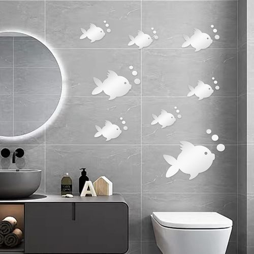 ERSHI-3D Miroir Stickers Muraux Poisson et Bulles, Sticker Mural Acrylique, Stickers Muraux pour Chambr Argent Autocollants Miroir[6