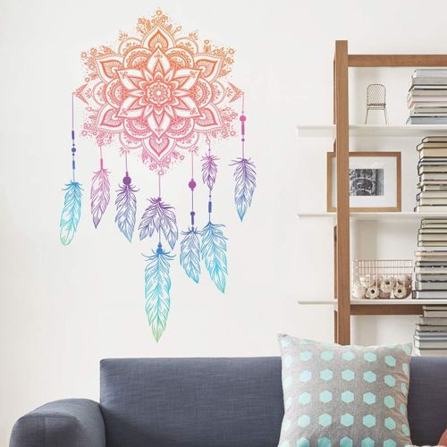 ERSHI-®- Stickers muraux MANDALA rose (50x83 cm) I Autocollant mural mandala plume zen oriental indien yoga I Déco murale chambre [6