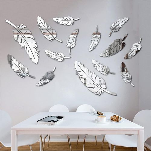 ERSHI-Lot de 15 autocollants muraux effet miroir 3D en acrylique - Grandes feuilles - Pour chambre à coucher, salon - Argenté[1344]