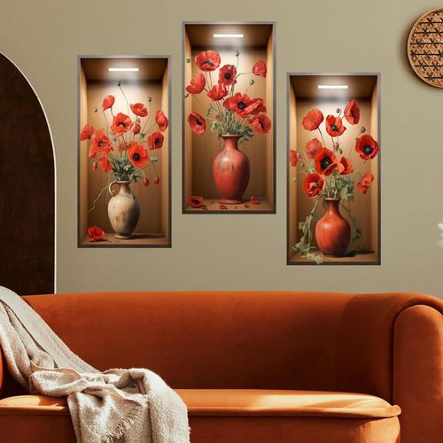 ERSHI-Lot de 3 autocollants muraux 3D en forme de plantes vertes pour salon, chambre à coucher, cuisine, décoration 3D fleurs roug[1