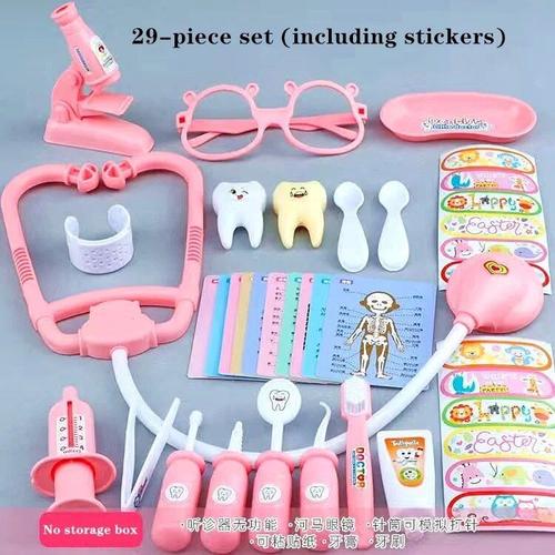 29 Morceaux De Rose - Ensemble De Jouets De Docteur En Bois Pour Enfants, Kit De Jeu De Simulation, Jeux Pour Filles Et Garçons, Dentiste Médical Rouge, Boîte À Médicaments