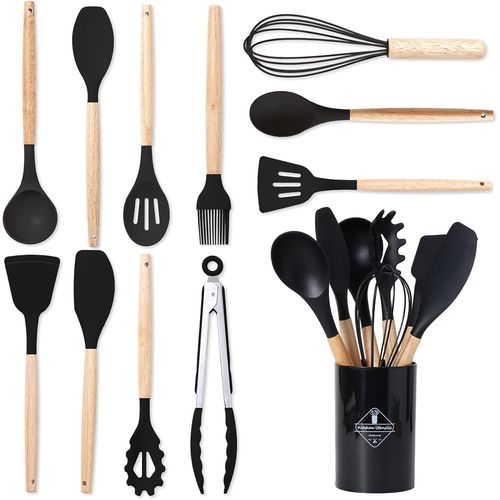 Ershi-12 Ensemble Ustensiles De Cuisine Silicone - Set Ustensile Cuisine En Silicone Et Manche Bois, Résistants À Chaleur Et Antia[1