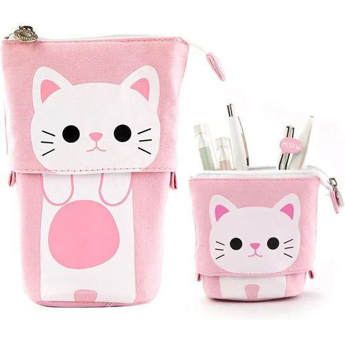 Trousse Zippée 2 En 1 Trousse À Crayons Pour Chat Pop Up Support Télescopique Trousse Cosmétique Papeterie Boîte De Rangement Pour Garçons Et Filles Blanc