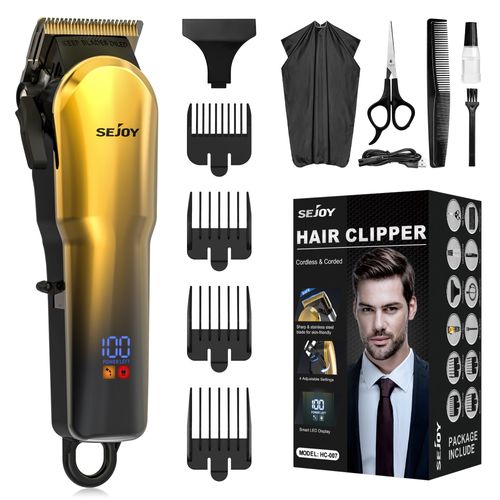 Sejoy Tondeuse Cheveux Homme Professionnelle, Tondeuse De Précision Rechargeable Avec Ecran Led Sans Fil, 4 Vitesses Réglables - Dorée