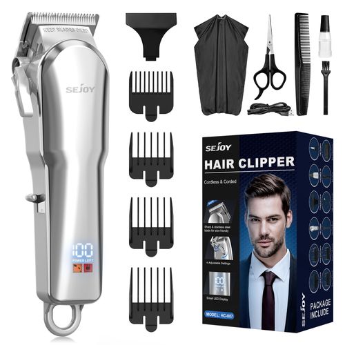 Sejoy Tondeuse Cheveux Homme Professionnelle, Tondeuse De Précision Rechargeable Avec Ecran Led Sans Fil, 4 Vitesses Réglables - Argenté