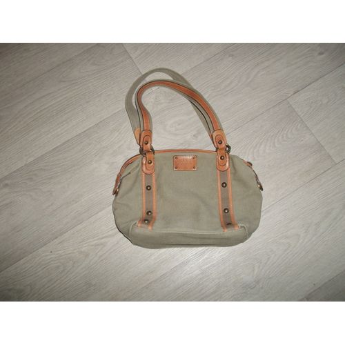 Sac HEXAGONA toile kaki et détails cuir marron NEUF