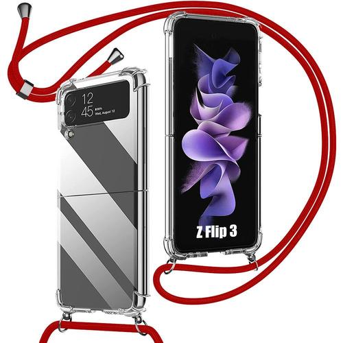 Coque Pour Samsung Galaxy Z Flip 3 5g, Protection Renforcé Tpu Antichoc Transparent Avec Cordon Rouge - E.F.Connection