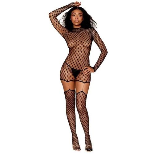Robe Jarretière En Filet Noir Avec Forme Géométrique Avec Jarretelles En Chaîne Doré - Dg0481blk - Noir Taille : Taille Unique - Os
