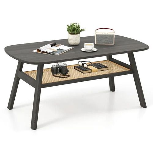 Table Basse Salon À 2 Niveaux Costway, Étagère De Rangement En Rotin, Pieds En Bois De Caoutchouc, Table Rectangulaire Pour Bureau