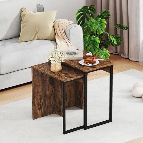 Lot De 2 Tables Basses Salon Gigognes Costway, Plateau En Faux Bois, Cadres Métalliques, Table Rectangulaire Pour Bureau Chambre