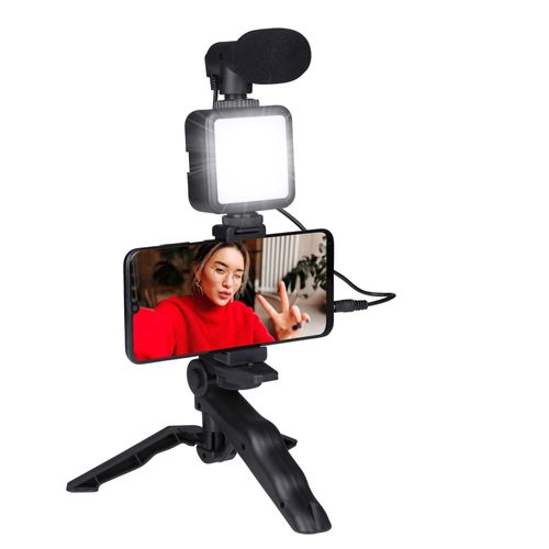 Grundig Trépied Téléphone avec Lampe Microphone - LEDs 3 Couleurs - Pour Téléphones 53 à 84 MM - Modèle Table et Selfies - Plastique Noir